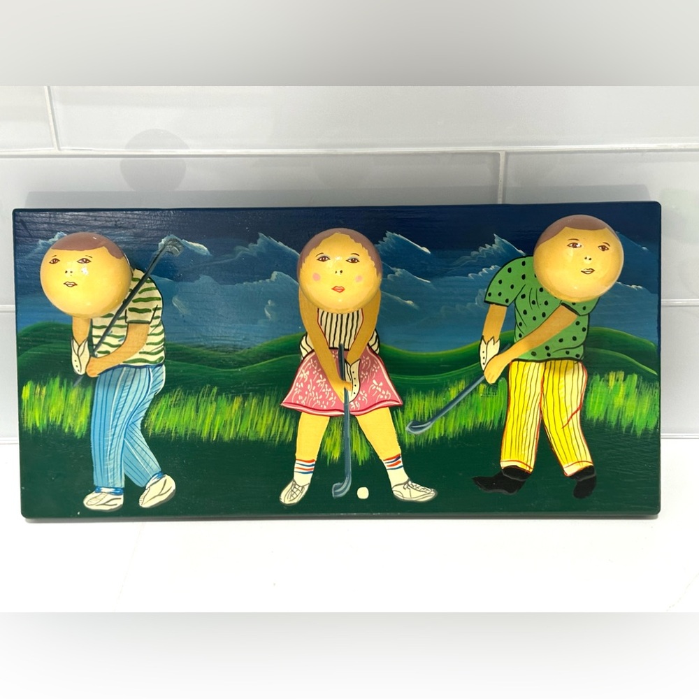 Golf Golfing Ball Wood Plaque Holder Painted HANDMADE FOLK-ART Coat Rack unique